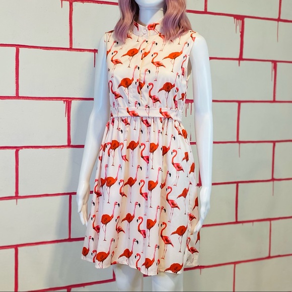 Whimsical A-Line Button Down Flamingo Print Dress 🦩 - Picture 2 of 8